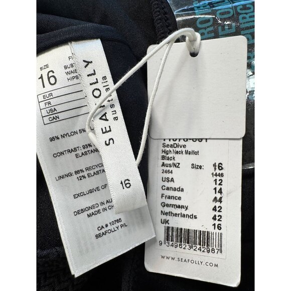 Seafolly Sea Dive Size 16 High Neck Lace Tie Back Black Textured NWT One Piece S - Picture 5 of 14